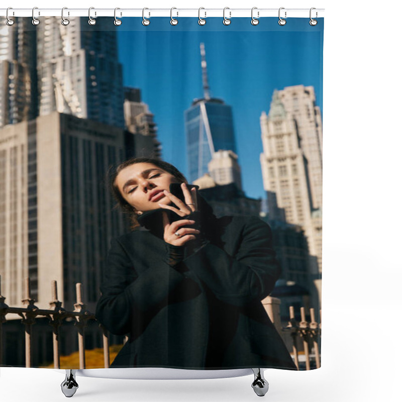 Personality  A Young Woman Poses In A Black Coat Against The Backdrop Of Skyscrapers In New York City. Shower Curtains