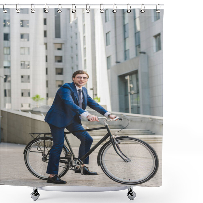 Personality  Handsome Young Businessman In Stylish Suit On Bicycle In Business District Shower Curtains