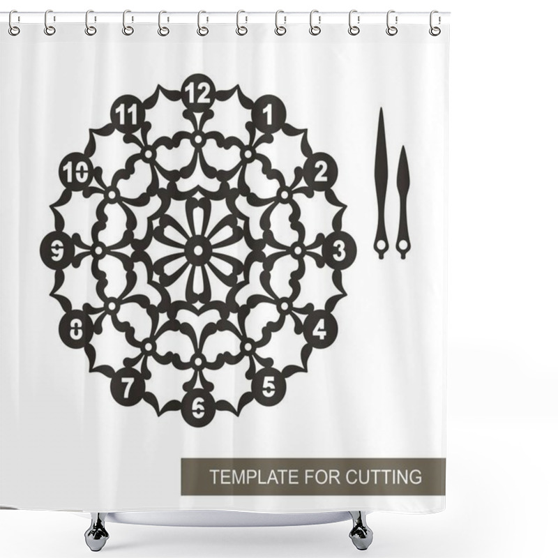 Personality  Openwork Dial With Arrows And Arabic Numerals. Silhouette Of Clock On White Background. Decor For Home. Template For Laser Cutting, Wood Carving, Paper Cut And Printing. Vector Illustration. Shower Curtains