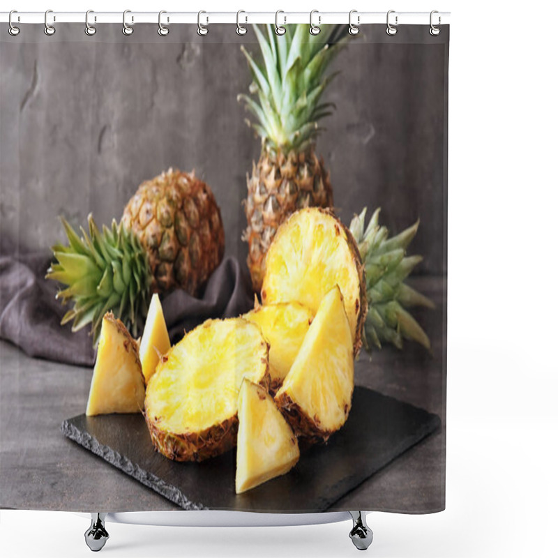 Personality  Slate Plate With Delicious Cut Pineapples On Table Shower Curtains