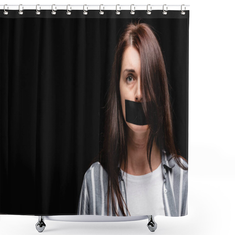 Personality  Victim Of Domestic Violence With Adhesive Tape On Mouth Looking At Camera Isolated On Black  Shower Curtains