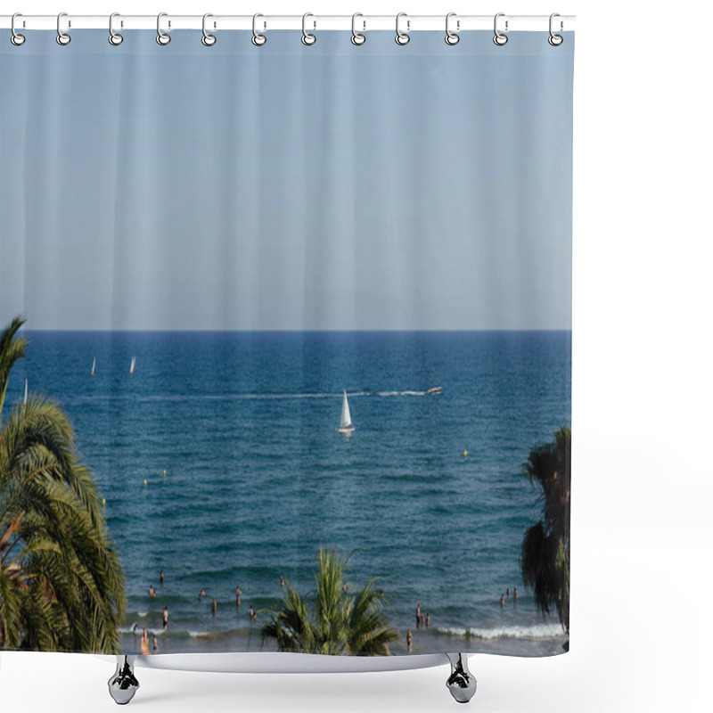 Personality  CATALONIA, SPAIN - APRIL 30, 2020: People Resting On Beach With Palm Trees And Yachts In Sea At Background Shower Curtains