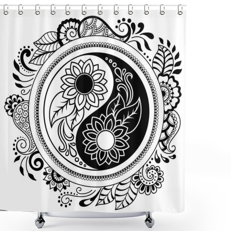 Personality  Circular Pattern In The Form Of A Mandala.  Yin-yang Decorative Symbol. Mehndi Style. Decorative Pattern In Oriental Style. Coloring Book Page. Shower Curtains