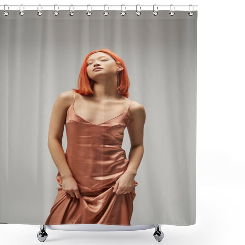 Personality  Asian Woman With Closed Eyes Standing In Silk Slip Dress On Grey Background, Feminine Elegance Shower Curtains