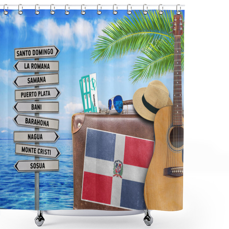 Personality  Concept Of Summer Traveling With Old Suitcase And Dominican Republic Town Sign Shower Curtains