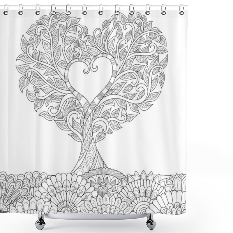 Personality  Flowers In Heart Shape On Floral Ground Line Art Design For Coloring Book For Adult, Tattoo, T- Shirt Graphic, Cards And So On Shower Curtains