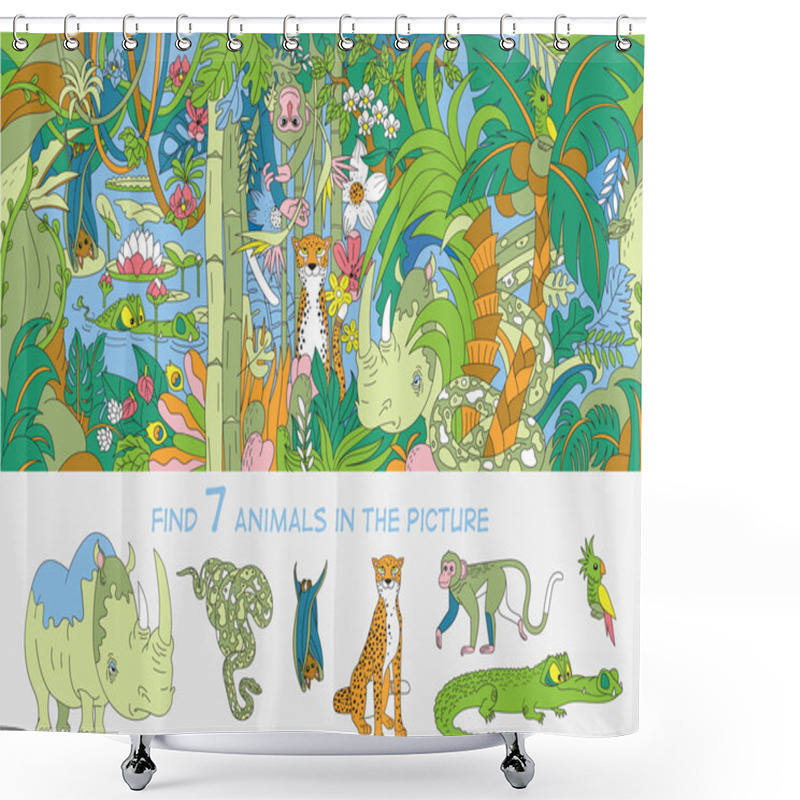 Personality      Find 7 Animals In The Picture. Hidden Object Puzzles. The Rainforest And Its Inhabitants - Leopard, Rhino, Python, Parrot, Bat, Monkey And Crocodile. Shower Curtains