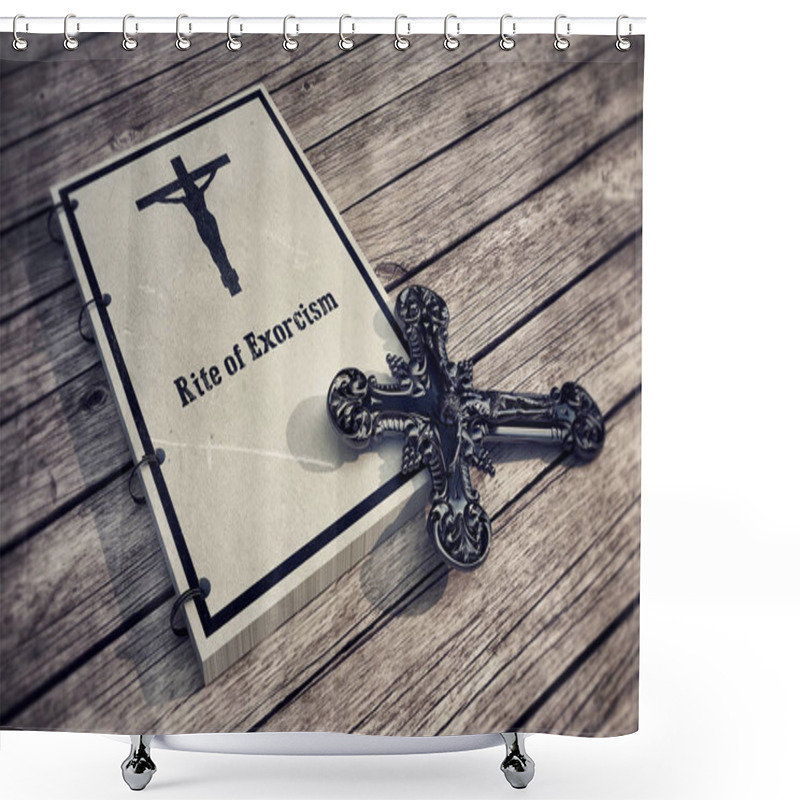 Personality  3d Illustration Of An Exorcism Book On Wooden Floor  Shower Curtains