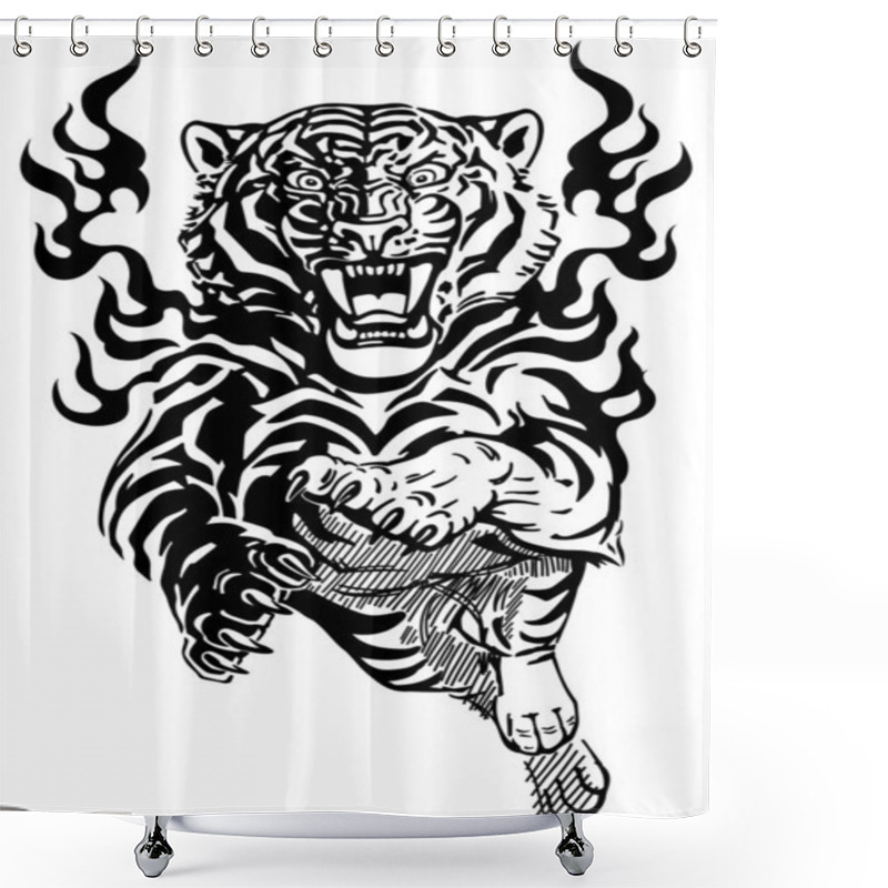 Personality   Tiger In Tongues Of Flame Front View Black And White Shower Curtains