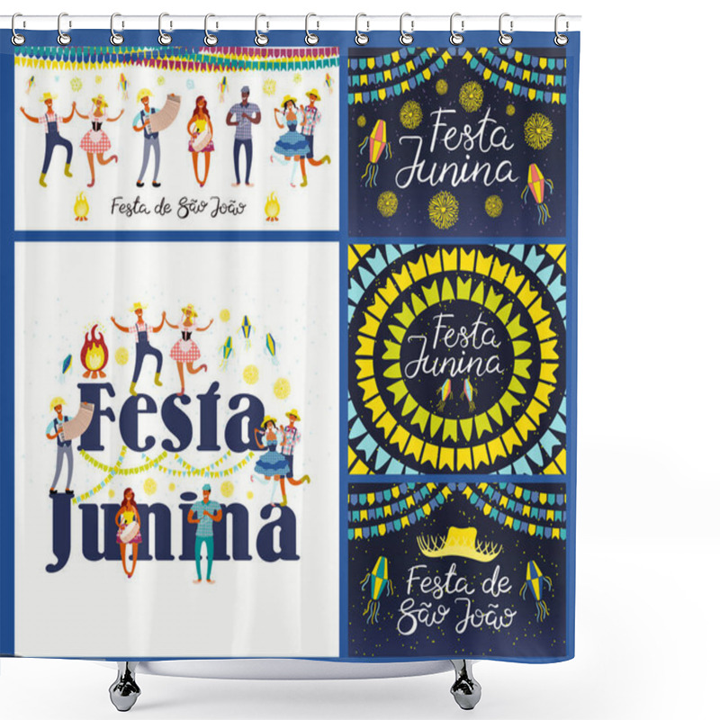 Personality  Set Of Card With Portuguese Text Festa Junina  Musicians With Dancing People And Bunting With Lanterns. Hand Drawn Vector Illustration. Flat Style. Concept Holiday Banner Shower Curtains