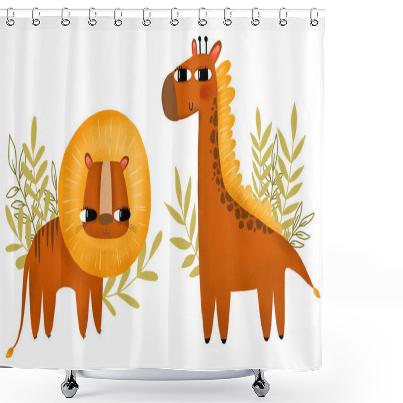 Personality  Cartoon Giraffe And Tiger Illustration. Wild Life And Savannah Animal With Branches And Leaf. Hand Drawn Card Shower Curtains