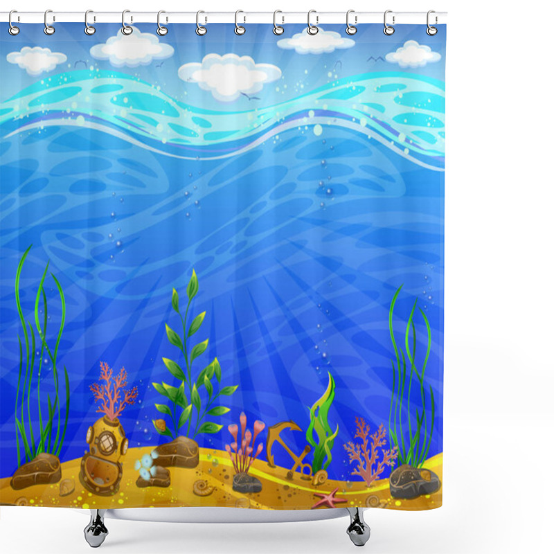 Personality  Underwater World. Sea Bottom, Plants, Anchor, Underwater Helmet. Shower Curtains