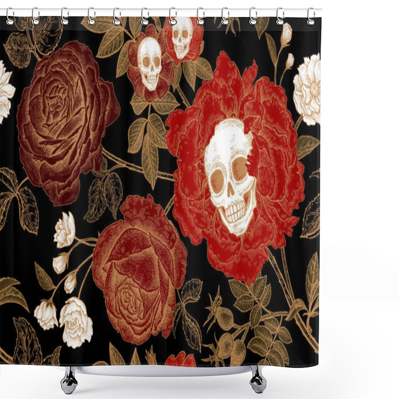 Personality  Skulls, Flowers And Foliage. Floral Seamless Pattern. Vector Illustration. Symbols Of Day Dead. Vintage. Golden Foil, Red Roses, White Skulls, Black Background. Template For Paper, Textiles, Wallpaper Shower Curtains