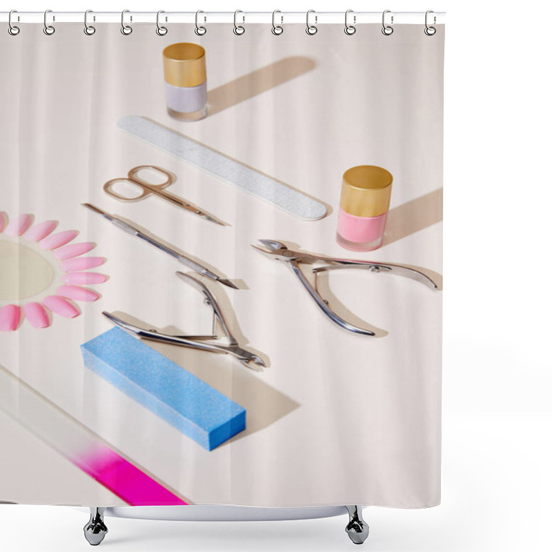 Personality  High Angle View Of Bottles And Samples Of Nail Polish With Manicure Instruments On White  Shower Curtains