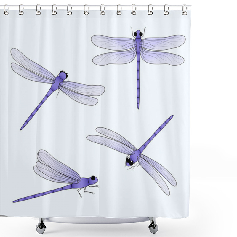 Personality  Cute Dragonflies Set. Purple Insect Drawn From Four Different Positions. Damselfly Flat Vector Illustration. Spring, Summer Nature. Shower Curtains