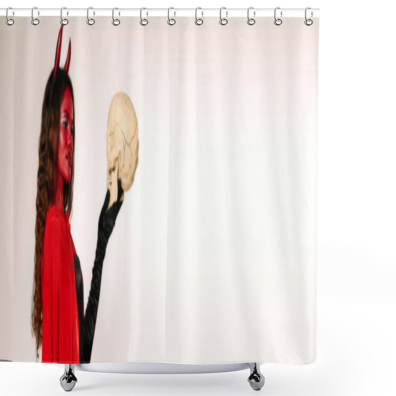 Personality  A Captivating Woman In A Red Devil Costume Elegantly Raises A Skull, Embodying Halloween Spirit. Shower Curtains