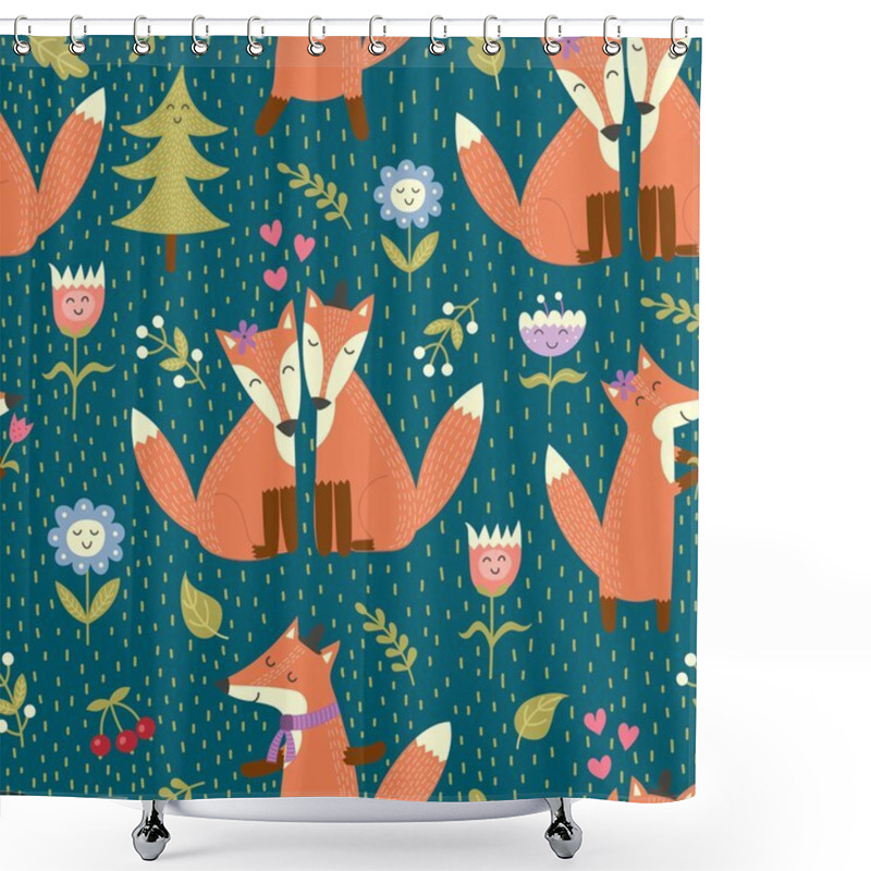 Personality  Seamless Pattern With Cute Foxes In The Woods. Vector Forest Texture Shower Curtains