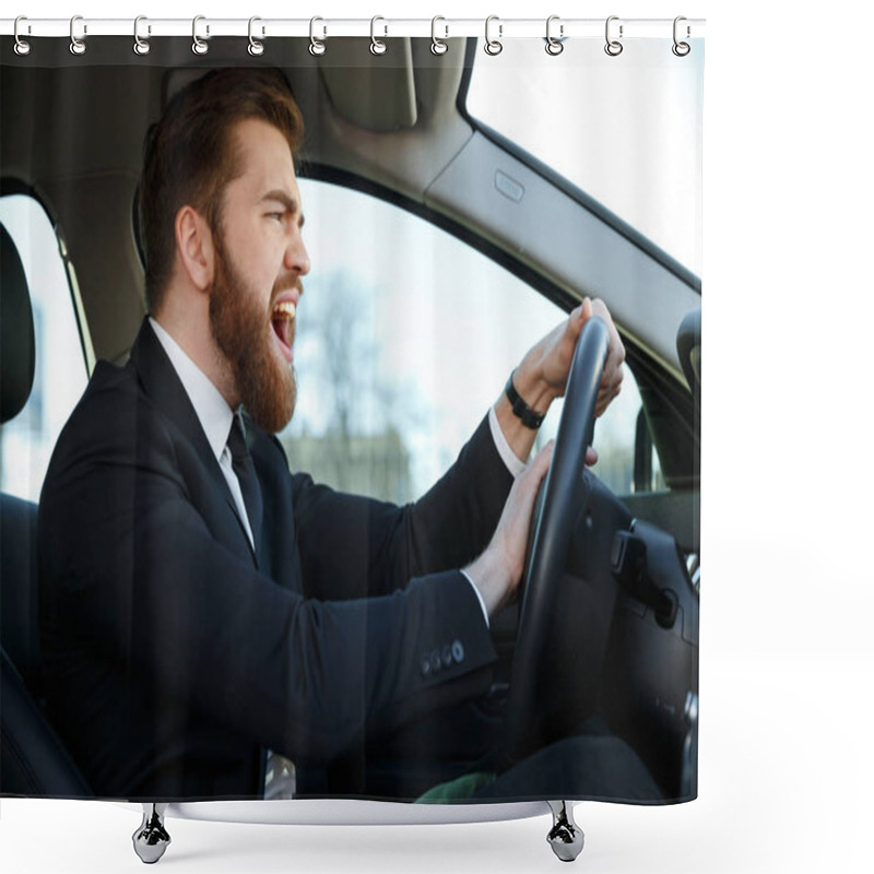 Personality  Side View Of Angry Business Man Driving And Beeps Shower Curtains