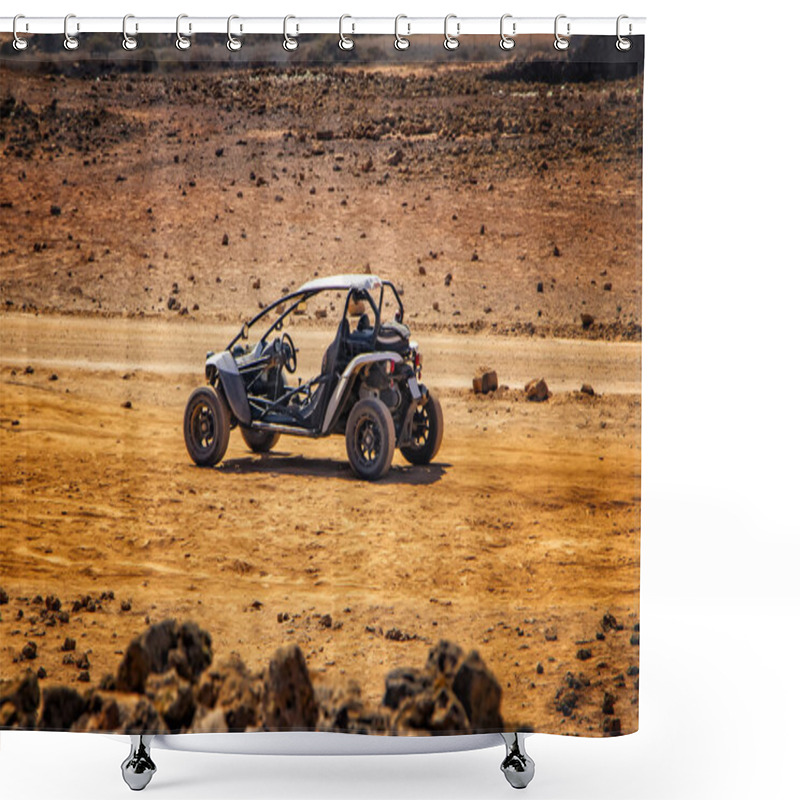 Personality  Several Buggies Are In Line. Wonderful Desert Landscape With Hills And Beuatiful Blue Sky With Clouds In Background. It's On Fuerteventura, Canary Island. Shower Curtains