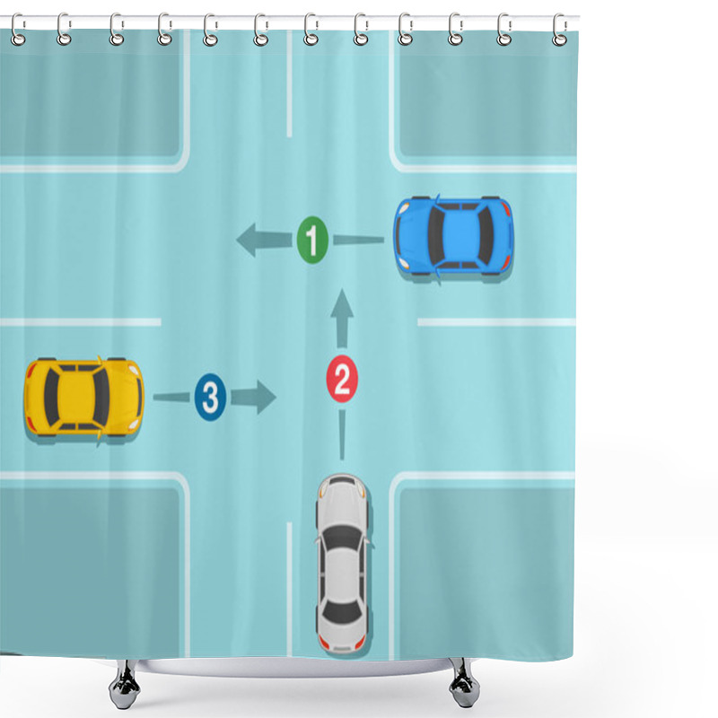 Personality  Safe Car Driving Tips And Traffic Regulation Rules. Cars On Cross Intersection. Priority On Unsigned Crossroads. Flat Vector Illustration Template. Shower Curtains