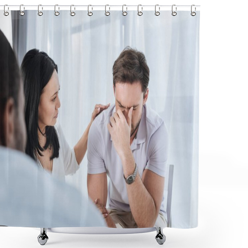 Personality  Selective Focus Of Mature Asian Woman Supporting Crying Man During Group Therapy Shower Curtains