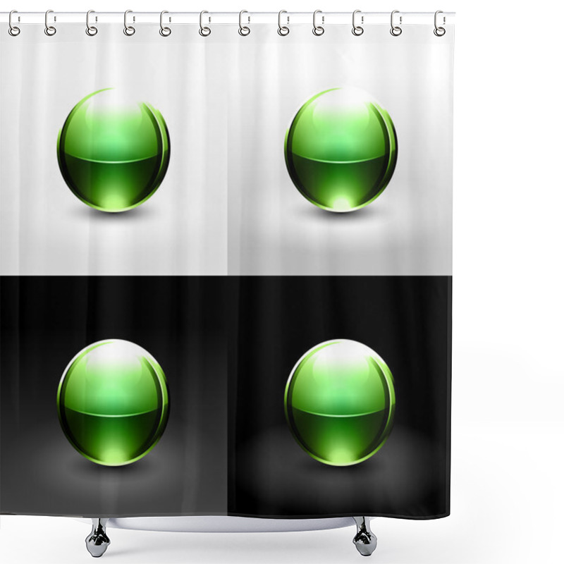 Personality  Green Chrome Metal Ball With Drop Black Shadow And Glowing On White, Gray And Black Background. Shower Curtains