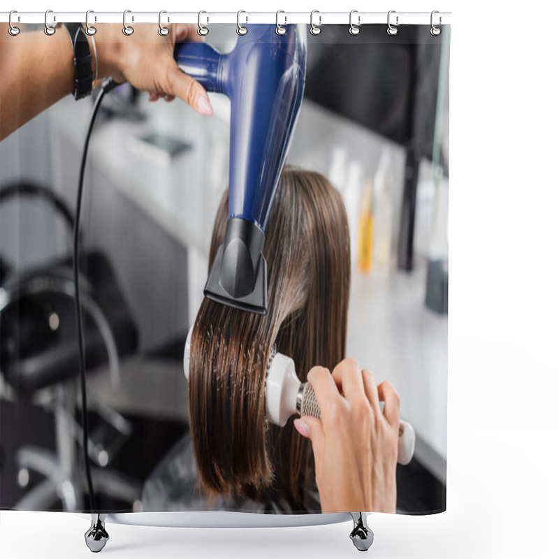 Personality  Salon Blow Dry, Professional Hairdresser With Round Brush And Hair Dryer Styling Hair Of Female Customer, Brunette Woman With Short Hair, Beauty Salon, Hair Volume, Blowout  Shower Curtains