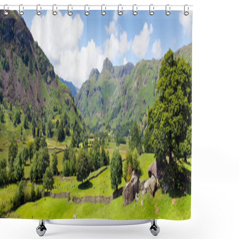 Personality  Langdale Valley Lake District Cumbria England UK With Blue Sky On Beautiful Summer Day Panorama Shower Curtains