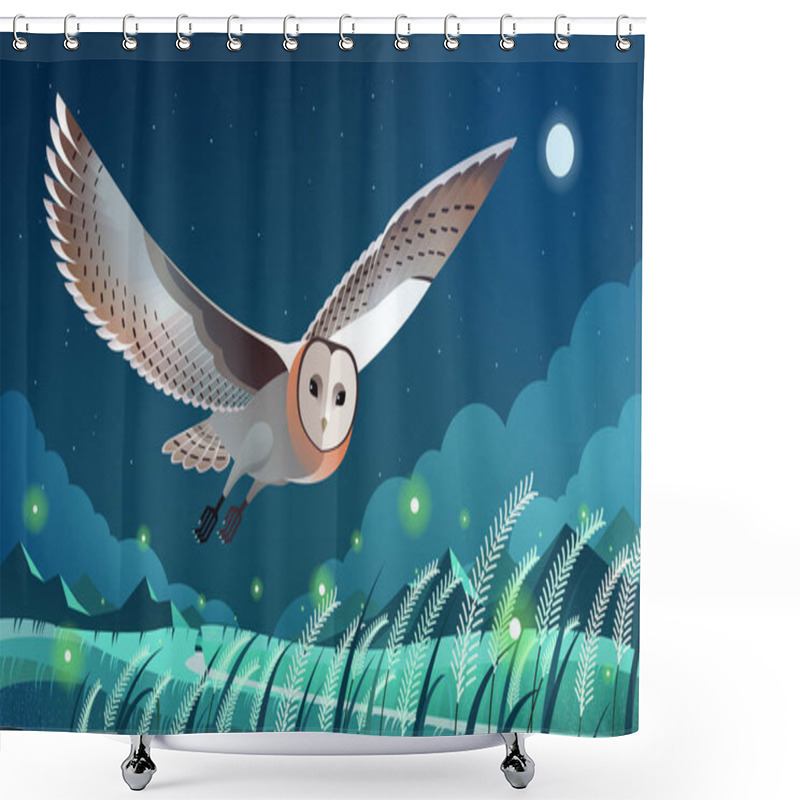 Personality  Eastern Grass Owl Flying Over Grass Field With Fireflies. Serene Starry Night With And Full Moon. Shower Curtains