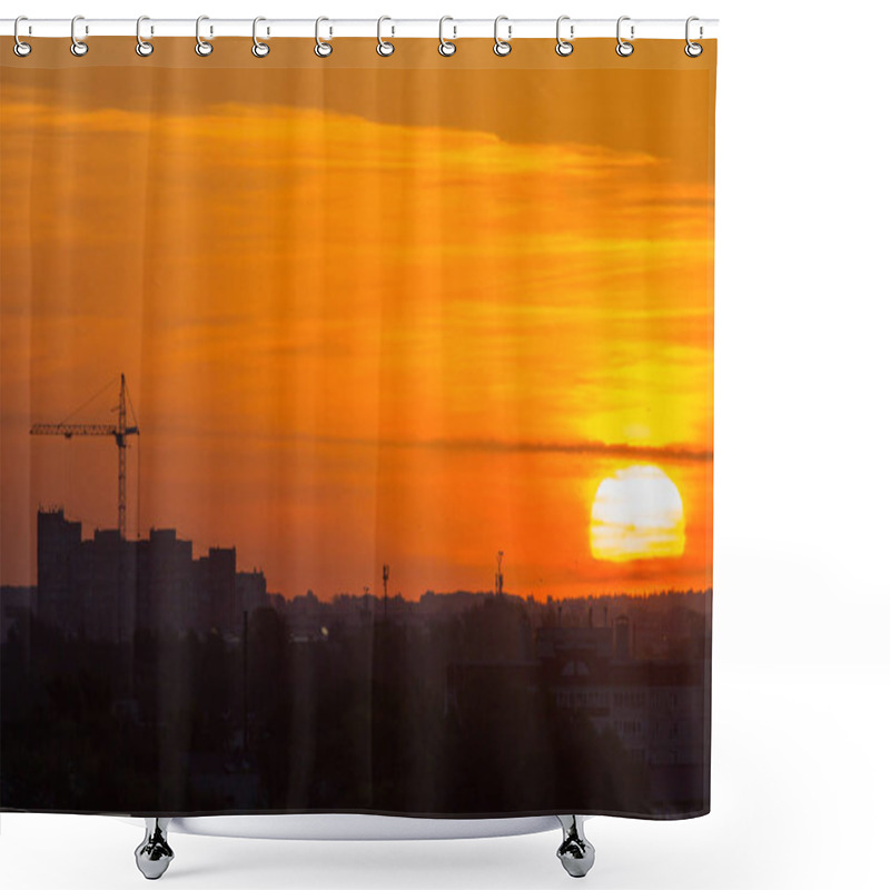 Personality  Sunrise Over City Skyline - Red Sun, Construction Crane, Silhouette Shower Curtains