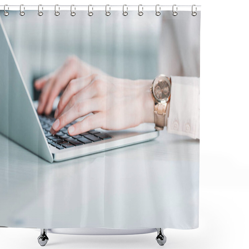 Personality  Businesswoman With Hand Watches Working On Laptop Shower Curtains