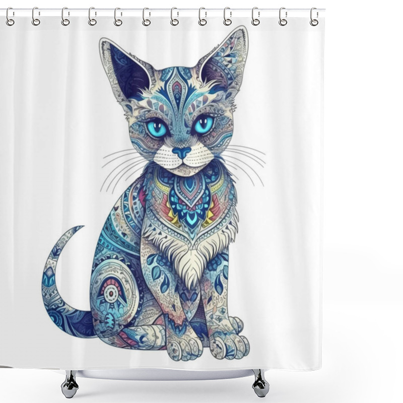 Personality  Ethnic Style Ornamental Beautiful Hand Drawn Cat With Big Blue Eyes And Folkloric Ornaments. Decorative Modern Isolated Cute Kitten Design On White Background. Vector Image Illustration. Shower Curtains