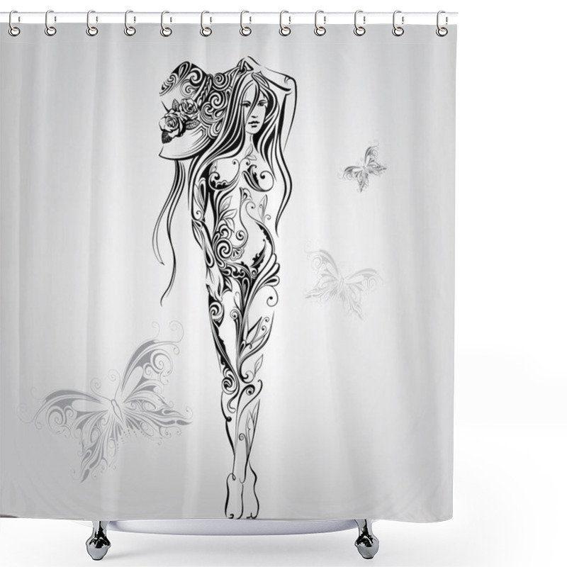 Personality  Woman With Hat In  Ornament Shower Curtains