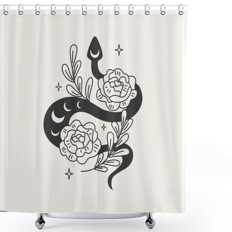 Personality  Floral Magic Snake. Mystical Black Snake Among Flowers. Vector Illustration. Snake With A Slotted Pattern Shower Curtains