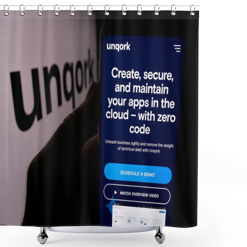 Personality  Stuttgart, Germany - 08-25-2024: Person Holding Cellphone With Webpage Of US Enterprise Application Platform Company Unqork Inc. With Logo. Focus On Center Of Phone Display. Shower Curtains