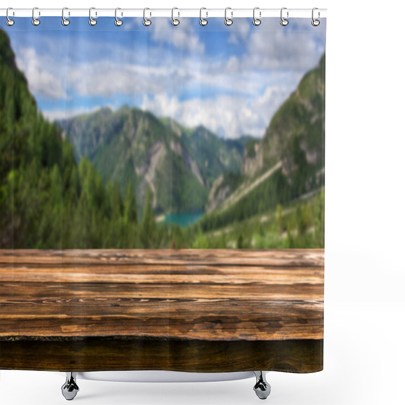 Personality  Empty Wooden Table With Blurred Natural Background Shower Curtains