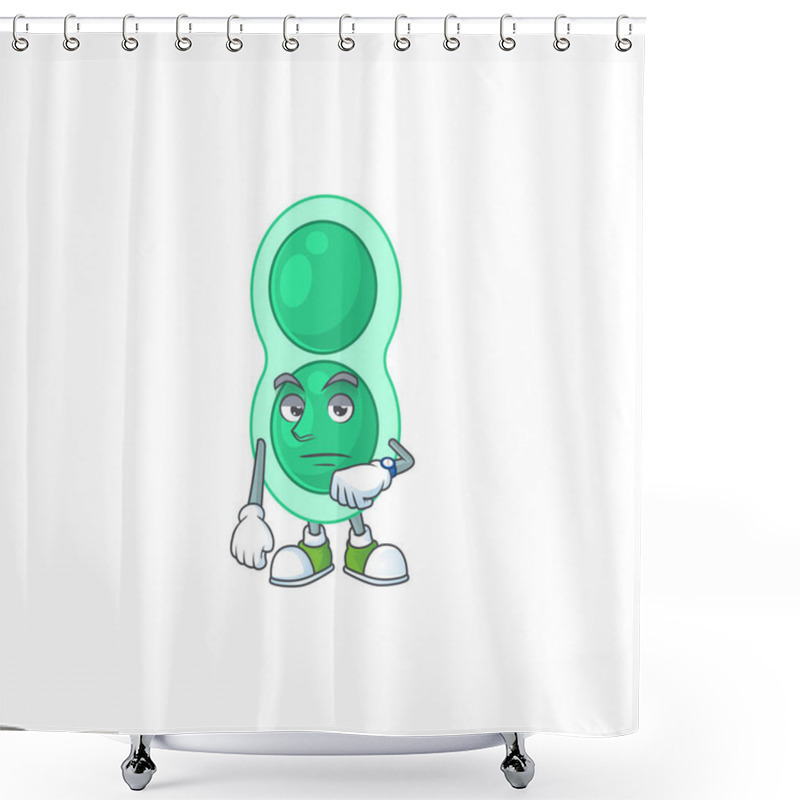 Personality  Green Streptococcus Pneumoniae Showing Waiting Gesture Cartoon Design Concept. Vector Illustration Shower Curtains