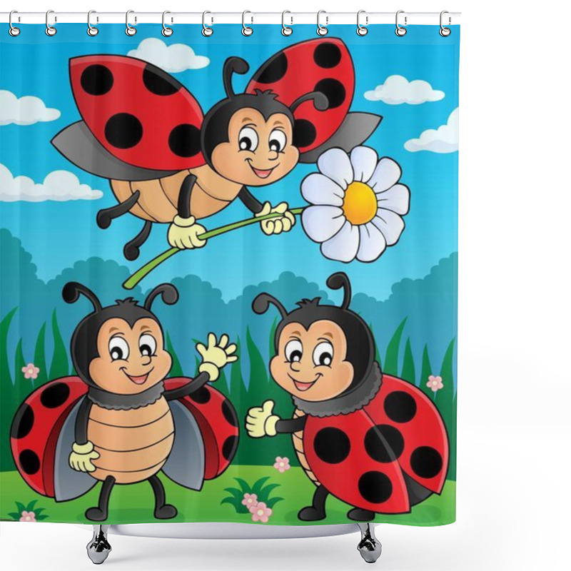 Personality  Happy Ladybugs On Meadow Image 2 Shower Curtains