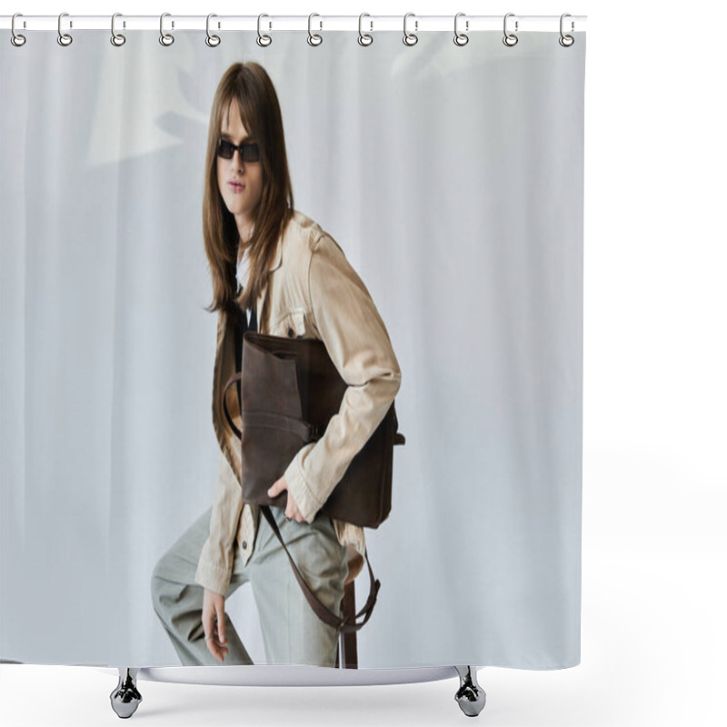 Personality  A Young Man Displays His Fashion Forward Look With Confidence, Embodying Contemporary Style. Shower Curtains