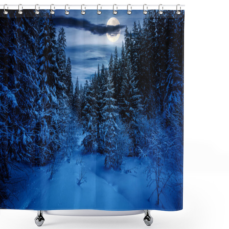 Personality  Scenery With Snow Covered Glade Among Fir Forest At Night. Winter Landscape Of Synevyr National Park Ukraine In Full Moon Light Shower Curtains