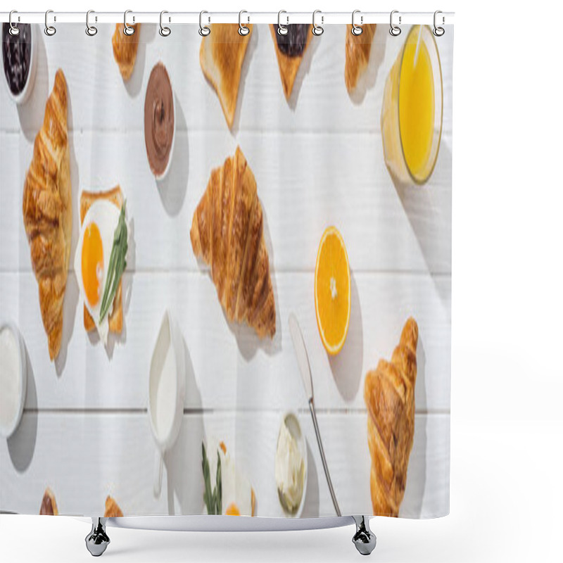 Personality  Panoramic Shot Of Sweet Croissants Near Tasty Toasts With Fried Eggs On White  Shower Curtains