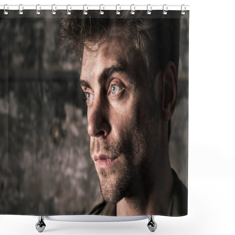 Personality  Close Up Of Handsome Man With Dirty Face In Room, Post Apocalyptic Concept Shower Curtains