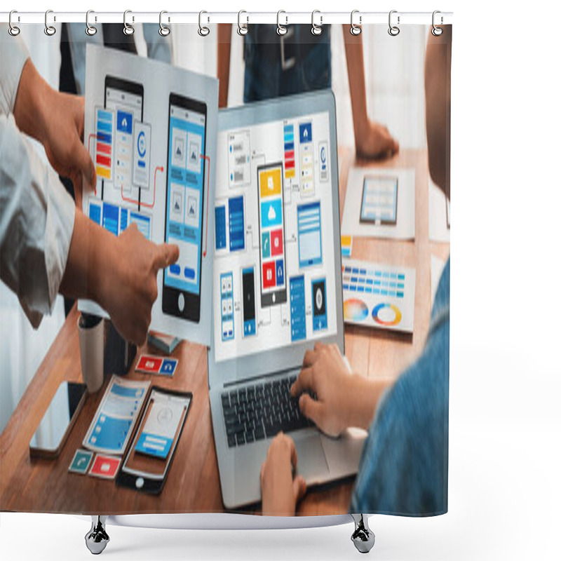 Personality  Panorama Shot Of Front-end Developer Team Brainstorming UI And UX Designs For Mobile App On Laptop Computer Screen. User Interface Development Team Planning For User-friendly UI Design. Scrutinize Shower Curtains
