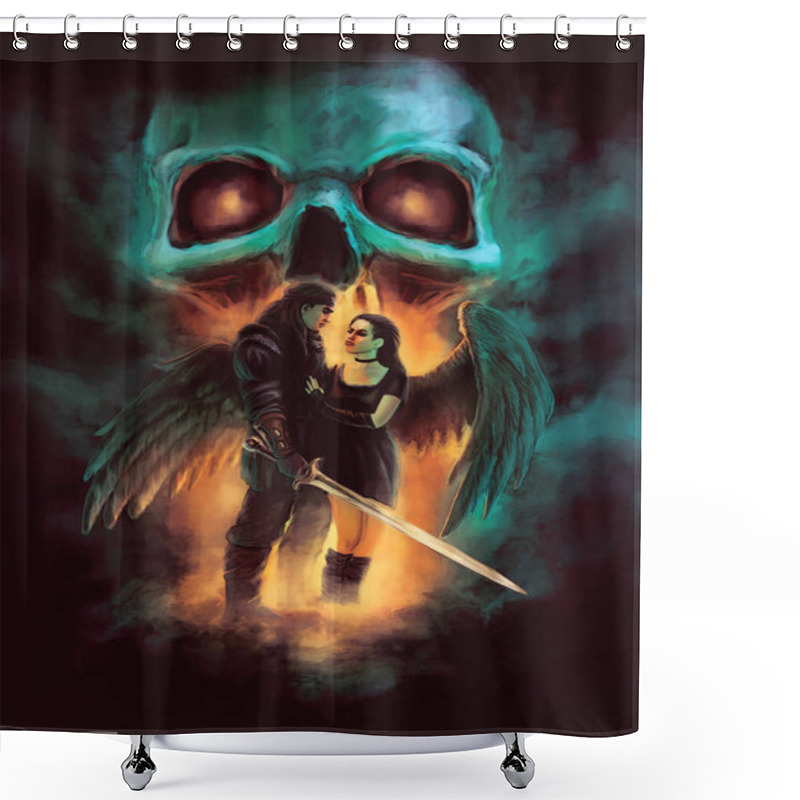 Personality  Fantasy Scene - Standing Man With Sword And Young Woman With Wings, Fiery Glow And Skull In Background - Original Illustration Of Fictional Characters Shower Curtains