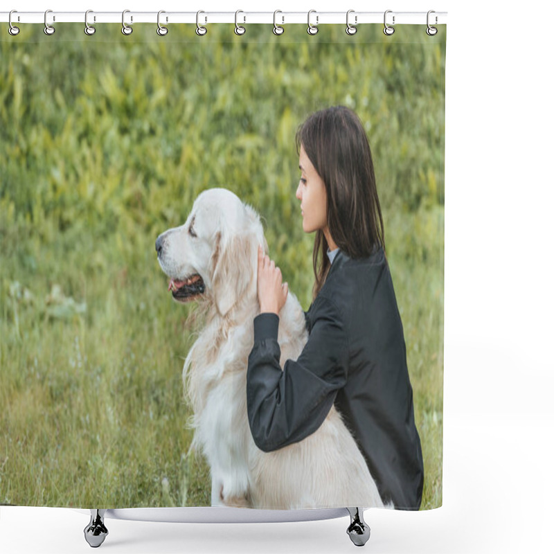 Personality  Beautiful Young Woman Hugging Dog And Sitting On Grass In Park Shower Curtains