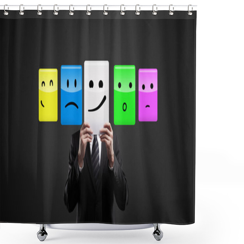 Personality  Business Man Holding A Card With Smiling Face. Shower Curtains