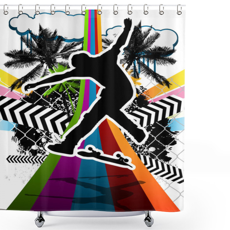 Personality  Summer Abstract Background Design With Skateboarder Silhouette. Shower Curtains