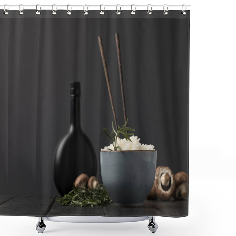 Personality  Bowl Of Rice With Mushrooms And Bottle Of Soy Sauceon Black Tabletop Shower Curtains