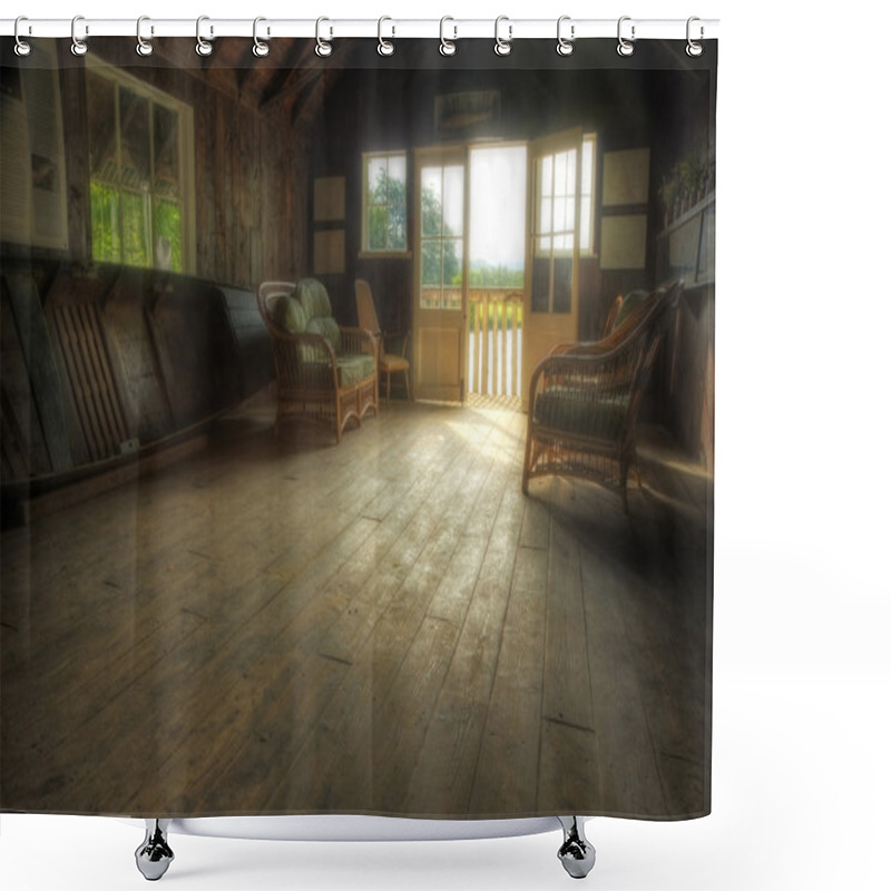 Personality  Nostalgic Retro Effect Summer Boat House With Glowing Sun Shower Curtains