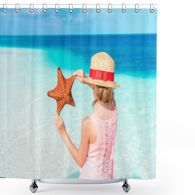 Personality  Adorable Little Girl With Starfish On White Empty Beach Shower Curtains